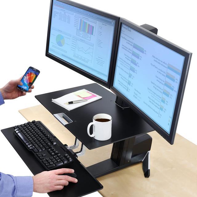 Alt view image 4 of 5 - Ergotron - WorkFit-S Dual Monitor Standing Desk Converter, Sit Stand Workstation for Tabletops - with Worksurface, Black