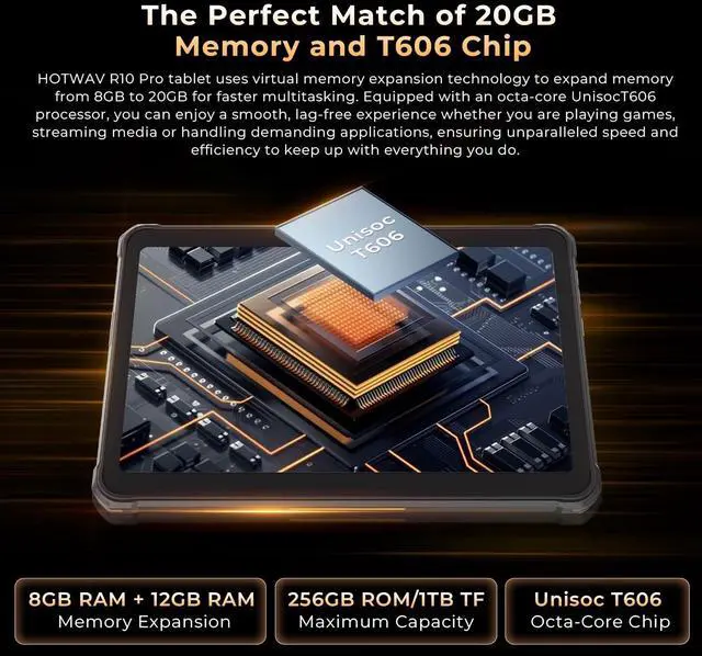 Alt view image 2 of 5 - HOTWAV R10 Pro 2025 Rugged Tablet Android 14-10.1 Inch HD+ 10800mAh Waterproof Tablet, 20GB RAM+256GB ROM/1TB TF Outdoor Tablets, 13MP+5MP Camera Octa-Core IP68&IP69K/4G-LTE/5G WiFi/Face ID/GPS/OTG
