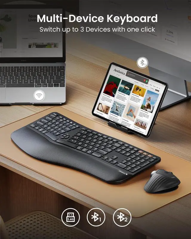 Alt view image 3 of 5 - ProtoArc Backlit Bluetooth Ergonomic Keyboard, EK01 Plus Full Size Wireless Split Keyboard with Dual Bluetooth and USB, Cushioned Wrist Rest, Rechargeable, Compatible with Windows/Mac/Android, Black