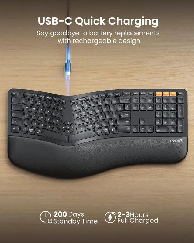 Alt view image 5 of 5 - ProtoArc Backlit Bluetooth Ergonomic Keyboard, EK01 Plus Full Size Wireless Split Keyboard with Dual Bluetooth and USB, Cushioned Wrist Rest, Rechargeable, Compatible with Windows/Mac/Android, Black