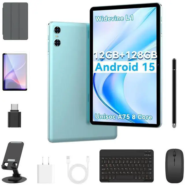 Main image of Android 15 Tablets, 10 Inch Tablet, P10 Tablet 12GB RAM+128GB ROM, Unisoc A75 8 Core CPU, Widevine L1, 1280x800 IPS HD 6000mAh, BT 5.0, WiFi (Android 15 tabelt with Accessories, Blue, 10.1 inch)