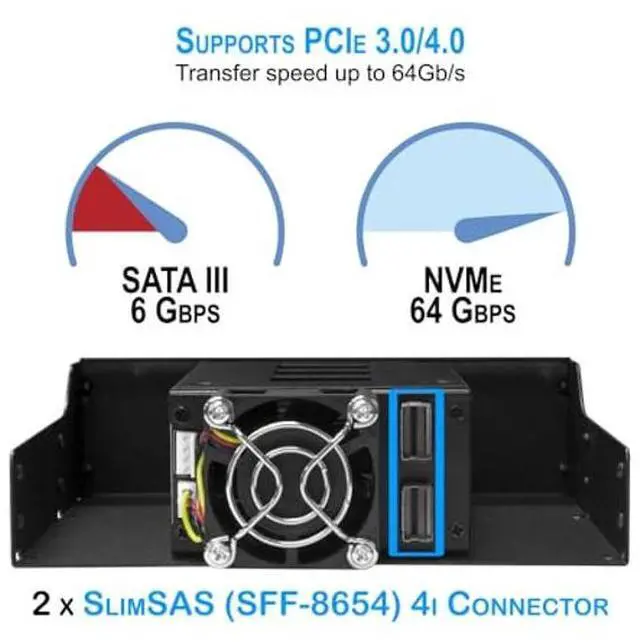 Alt view image 4 of 5 - Kingwin 5.25" Bay Backplane Mobile Rack Enclosure for 2 x 2.5 U.2/U.3 NVMe SSDs, SlimSAS Connectivity, Hot-Swap Tray, Tool-Free Installation, Durable Metal Build, High-Speed Storage Solution