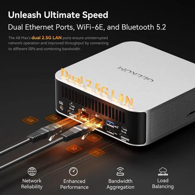 Alt view image 5 of 5 - GEEKOM A8 Max AI Mini PC, AMD Ryzen 9 8945HS, 2.5Gbps Dual LAN Port Mini Gaming PC with 32GB DDR5 2TB M.2 2280 NVMe SSD, Mini PC Windows 11 Pro/Wi-Fi 6E/BT 5.2/USB4/8K