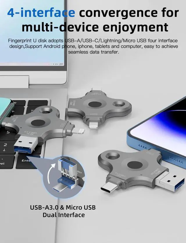 Alt view image 3 of 5 - USB3.0 4-in-1 Fingerprint encrypted USB Flash Drive for iPhone USB Memory Stick Thumb Drives High Speed USB Stick,Photo Stick External Storage for iPhone/iPad/Android/PC