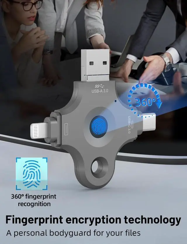 Alt view image 5 of 5 - USB3.0 4-in-1 Fingerprint encrypted USB Flash Drive for iPhone USB Memory Stick Thumb Drives High Speed USB Stick,Photo Stick External Storage for iPhone/iPad/Android/PC