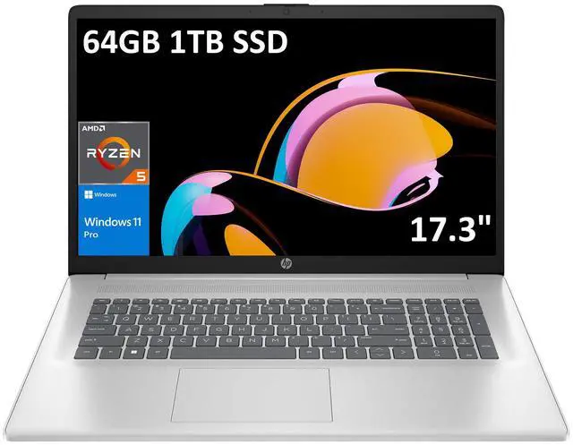 Main image of HP 17 Laptop (17.3" FHD Anti-Glare, AMD Ryzen 5 7430U, 64GB RAM, 1TB SSD, 6-Core (> i7-1165G7)), for Business, Enterprise, Students, Long Battery Life, Webcam, Fast Charge, Win 11 Pro w/AI Copilot