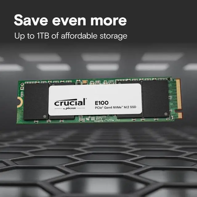 Alt view image 3 of 5 - Crucial E100 1TB M.2 NVMe PCIe Gen4 Internal SSD, Up to 5,000MB/s, Laptop & Desktop Compatible - CT1000E100SSD8