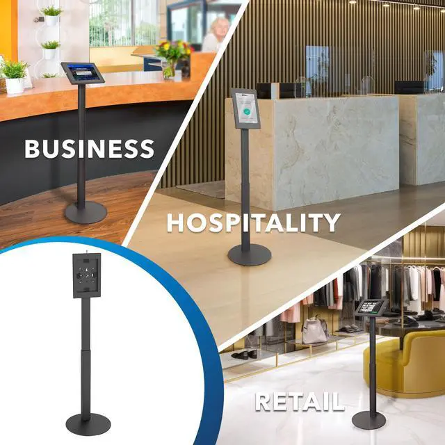 Alt view image 2 of 5 - Mount-It! Lockable Tablet Floor Stand for Samsung Tab A9+, S9, S9 FE, S8, A8 - Anti-Theft Kiosk, Fully Enclosed, Height Adjustable, Rotating & Tilting, Freestanding or Bolt-Down, Steel, Black