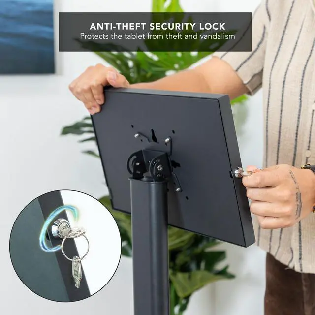 Alt view image 3 of 5 - Mount-It! Lockable Tablet Floor Stand for Samsung Tab A9+, S9, S9 FE, S8, A8 - Anti-Theft Kiosk, Fully Enclosed, Height Adjustable, Rotating & Tilting, Freestanding or Bolt-Down, Steel, Black