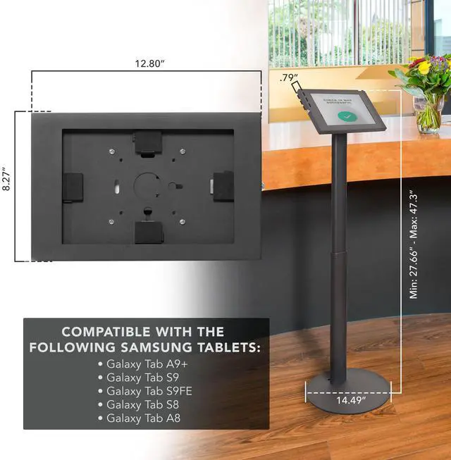 Alt view image 4 of 5 - Mount-It! Lockable Tablet Floor Stand for Samsung Tab A9+, S9, S9 FE, S8, A8 - Anti-Theft Kiosk, Fully Enclosed, Height Adjustable, Rotating & Tilting, Freestanding or Bolt-Down, Steel, Black
