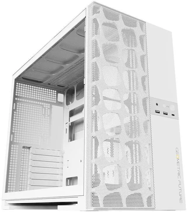 Main image of Geometric Future M5 Vent Mesh Front Panel Tempered Glass Mid Tower, E-ATX/ATX Gaming Case, High Airflow, 1.2mm Steel, Type C, Toolless Panels, Support 420/360 Radiator, Dual-Chamber, White, GEO-M5V-W