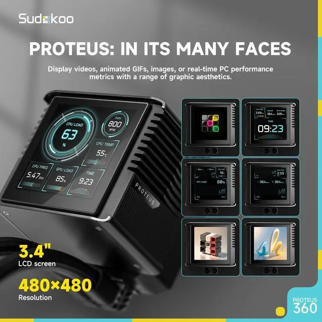 Alt view image 3 of 5 - Sudokoo Sudokoo Proteus 360 AIO Liquid CPU Cooler, Customizable Segment 3.4" LCD Screen, PWM Pump, TDP 320W, 30mm Thick High Performance Fans, Intel LGA 1851/1700/1200/115X AMD AM5/AM4