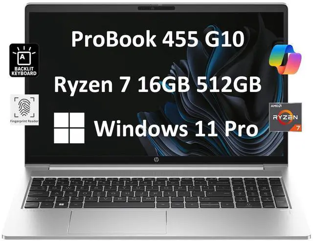 Main image of HP ProBook 455 G10 Business Laptop (15.6" FHD Anti-Glare, AMD Ryzen 7 7730U, 16GB RAM, 512GB SSD, (> Intel i7-1255U)) Backlit, Fingerprint, Webcam, Ethernet, Wi-Fi 6E, Win 11 Pro w/AI Copilot, Silver