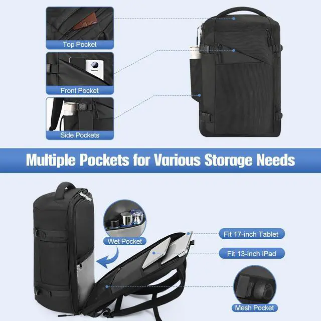 Alt view image 4 of 5 - MoKo Travel Backpack for Men Women, 40L TSA Flight Approved Carry on Backpack, 17 inch Laptop Backpack 180deg Openable, Water-Resistant Lightweight Large Weekender Bag Daypack, Black