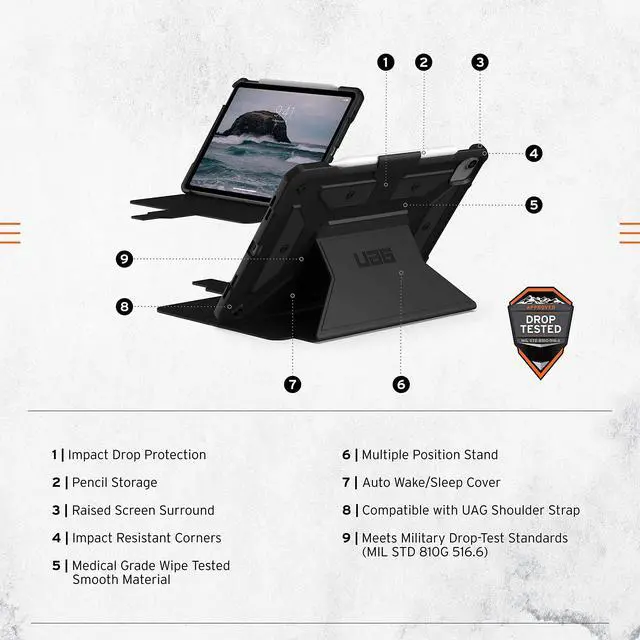 Alt view image 2 of 5 - URBAN ARMOR GEAR UAG Designed for iPad Air 10.9 inch Case iPad 5th Generation 2022 Case Black Rugged Smooth Exterior Multi-Angle Viewing Folio Stand w/Pencil Holder Metropolis SE Protective Cover