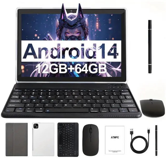 Main image of ATMPC Tablet, 10.1" Android 14 Tablets Octa-Core Processor 12GB RAM 64GB ROM HD IPS Touchscreen, 2 in 1 Tablet with Keyboard, Mouse, Stylus, 8H Battery, WiFi 6, BT 5.4, Dual Camera
