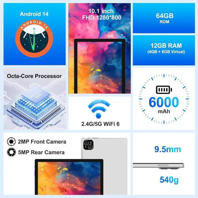 Alt view image 2 of 5 - ATMPC Tablet, 10.1" Android 14 Tablets Octa-Core Processor 12GB RAM 64GB ROM HD IPS Touchscreen, 2 in 1 Tablet with Keyboard, Mouse, Stylus, 8H Battery, WiFi 6, BT 5.4, Dual Camera