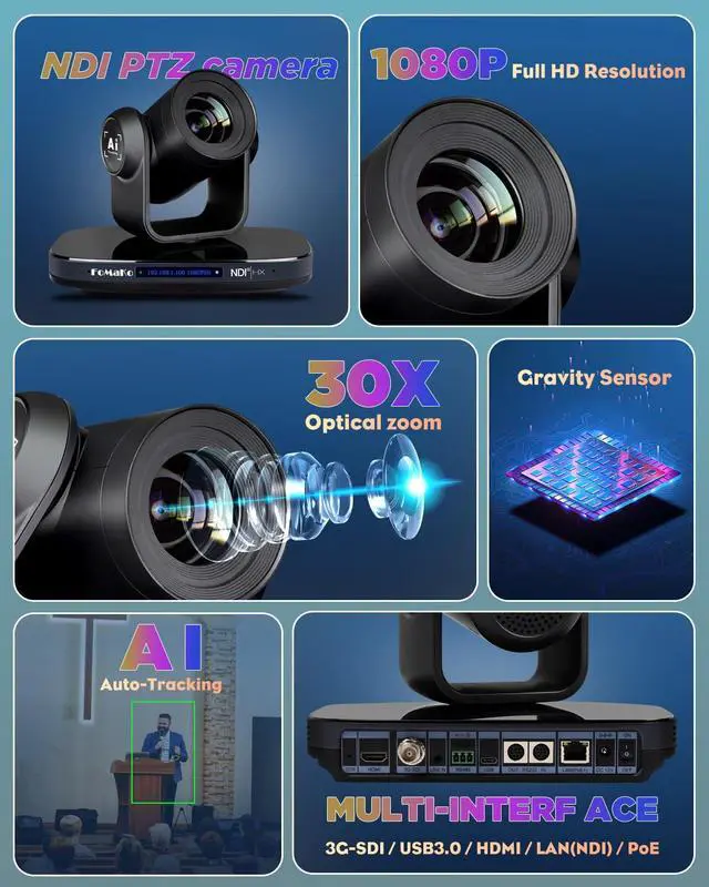 Alt view image 3 of 5 - FoMaKo NDI PTZ Camera 3G-SDI HDMI, 30X Optical Zoom,1080P60 AI Auto-Tracking PTZ Camera USB3.0 Type-C 3G-SDI HDMI, for Church Worship Education Conference Events, KN30
