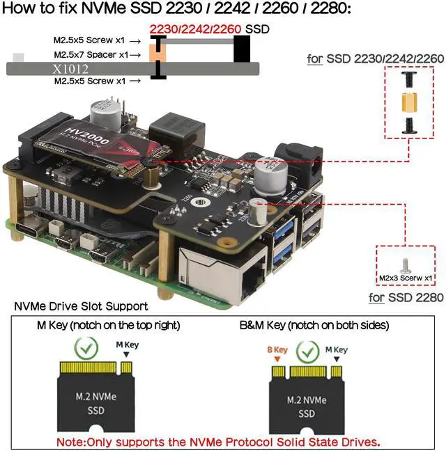 Alt view image 3 of 5 - Geekworm X1012 PCIe to M.2 HAT Key-M NVMe SSD and POE Shield + Metal Case P579 for Raspberry Pi 5
