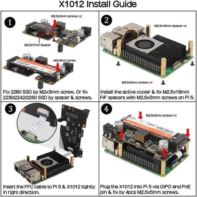 Alt view image 5 of 5 - Geekworm X1012 PCIe to M.2 HAT Key-M NVMe SSD and POE Shield + Metal Case P579 for Raspberry Pi 5