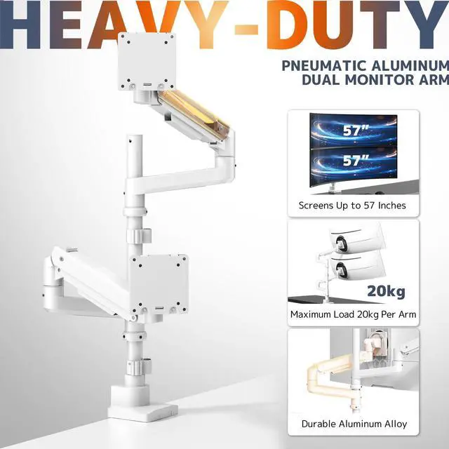 Alt view image 2 of 5 - Dual Monitor-Arm Heavy-Duty for 17-57-Inch Screens - Ultrawide Vertical Dual Monitor Mount, Fully Adjustable Stacked Double Monitor Desk Mount Stand, Max Load 44 lbs per Screen, VESA 75/100 mm, White
