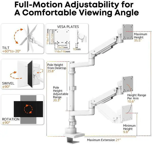 Alt view image 4 of 5 - Dual Monitor-Arm Heavy-Duty for 17-57-Inch Screens - Ultrawide Vertical Dual Monitor Mount, Fully Adjustable Stacked Double Monitor Desk Mount Stand, Max Load 44 lbs per Screen, VESA 75/100 mm, White