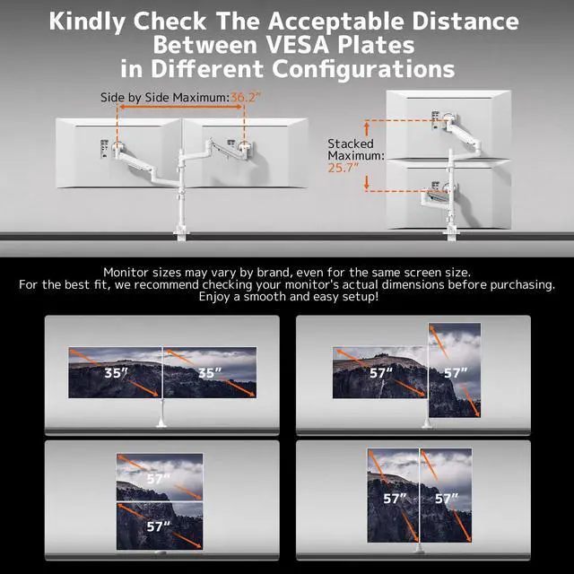 Alt view image 3 of 5 - Dual Monitor-Arm Heavy-Duty for 17-57-Inch Screens - Ultrawide Vertical Dual Monitor Mount, Fully Adjustable Stacked Double Monitor Desk Mount Stand, Max Load 44 lbs per Screen, VESA 75/100 mm, White