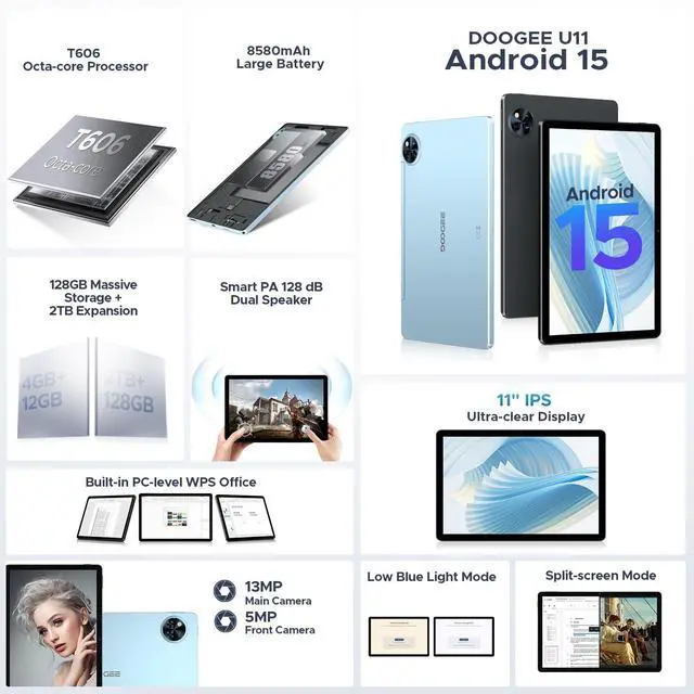 Alt view image 2 of 5 - DOOGEE Android 15 Tablet, 11 inch Android Tablet 16GB+128GB/2TB TF Octa-Core,90Hz Display, 8580mAh,1080P,Bluetooth 5.0+5G WiFi, 13MP+5MP, Face ID,Metal Body-Black