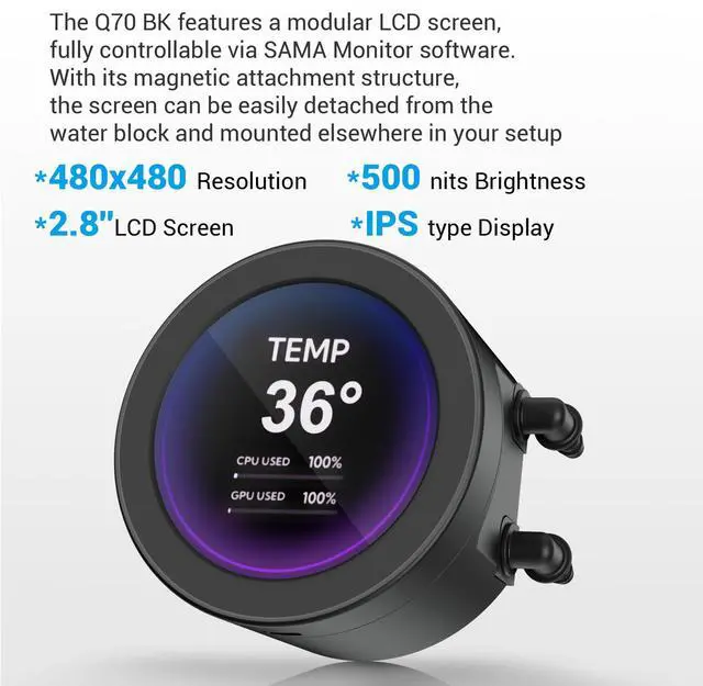 Alt view image 2 of 5 - SAMA Q70 CPU Liquid Cooler, 360MM Water AIO CPU Cooler with 2.8" LCD Display, Magnetic Detachable, XT120 Modular Fans LCP Blade, Bonus Stands, 115X, 2011, 1200, 1700, 1851, AM4, AM5 Black