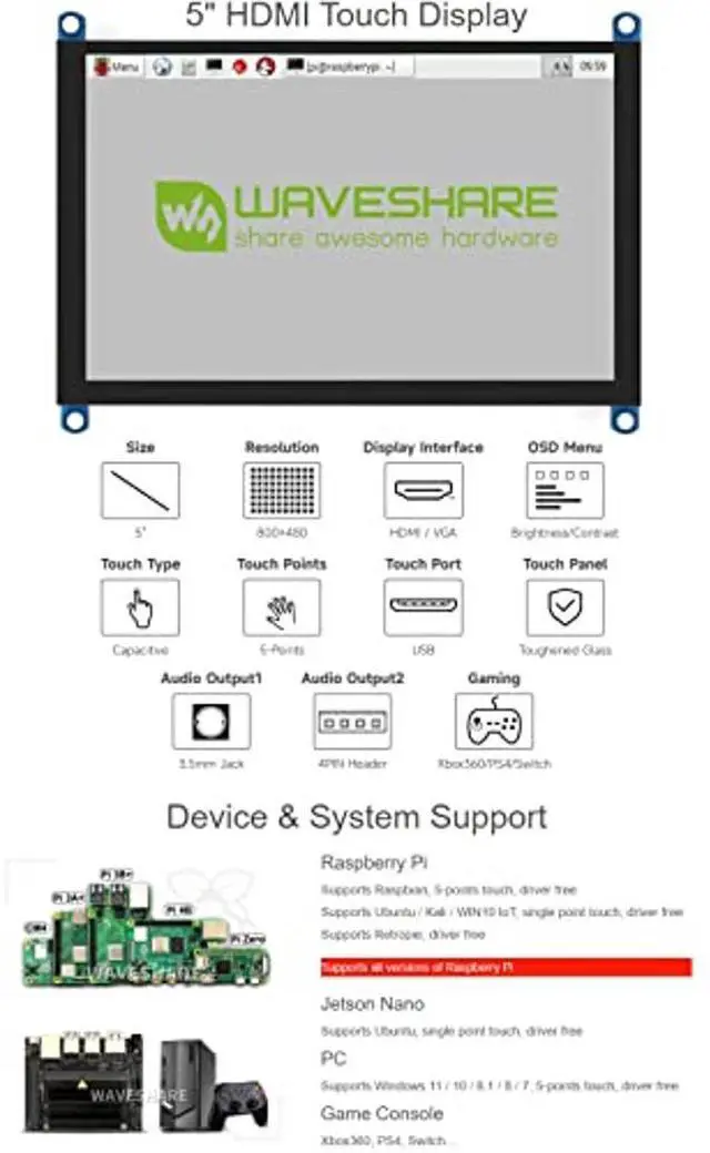 Alt view image 3 of 5 - waveshare 5inch Capacitive Touch Screen LCD Compatible with Raspberry Pi 5/4B/3B+/3A+/2B/B+/A+/Zero/Zero W/WH/Zero 2W CM3+/4 Series Boards 800x480 Resolution HDMI Supports Windows 11/10 / 8.1/8 / 7