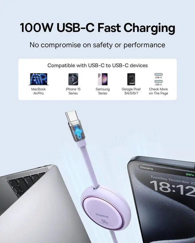 Alt view image 2 of 5 - Baseus USB C Cable, Mini 100W Retractable USB C to USB C PD 5A Fast Charging Cable, 4-Stage Length Preset USB Type C Charger Cable for iPhone 15/Pro/Plus/Pro Max, MacBook, iPad Pro, Samsung S23/S22+