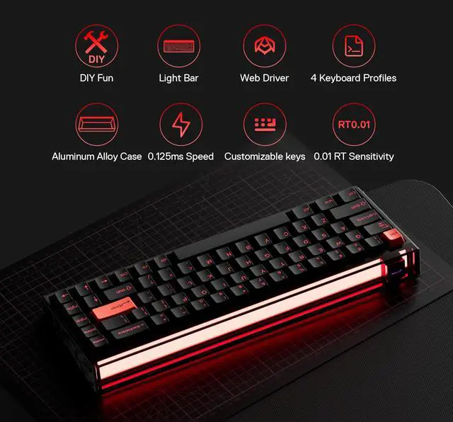 Alt view image 3 of 5 - MelGeek MADE68 Ultra Wired Keyboard, Hall Effect Magnetic Switch Gaming Keyboard, 65% Compact Rapid Trigger, Hot-Swappable, RGB Snap Tap & Adjustable Actuation, Online HIVE Custom, Aluminum Case-Red
