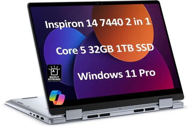 Main image of Dell Inspiron 14 7440 2-in-1 Laptop (14" FHD+ Touchscreen, Intel Core 5 120U (> i7-1355U), 32GB DDR5, 1TB SSD), for Creator, Designer, 10-Hr Long Battery Life, Backlit, Win 11 Pro w/ AI Copilot