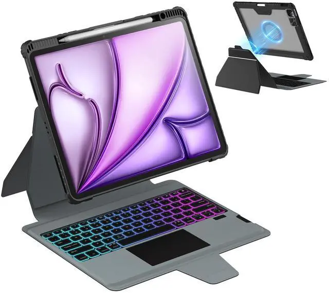 Main image of Nillkin Magnetic Keyboard Case for iPad Air 13 inch (M3/M2), iPad Pro 12.9 (3rd/4th/5th/6th Gen) Rugged Case with Detachable Keyboard, Magic Trackpad, 7 Colors Backlit, Portrait/Landscape Modes Black