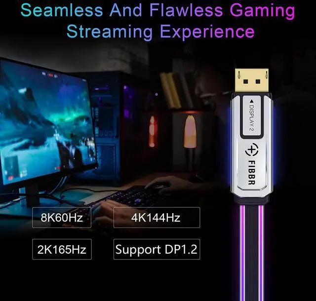 Alt view image 3 of 5 - FIBBR DP 1.4 Cable, 32.4Gbps Ultra High Speed DP to DP Male to Male Displayport Cable Supports 8K@60Hz, 4K@144H, 2K@165Hz Compatible for Laptop PC TV (9.84FT/3M)