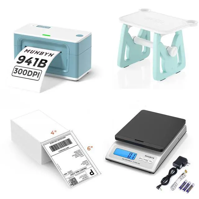 Main image of MUNBYN Bluetooth Thermal Label Printer 941B+Thermal Direct Shipping Label (Pack of 500 4x6 Fan-Fold Labels)+Label Holder for Rolls and Fanfold Labels+Shipping Scale, Accurate 66lb/0.1oz Postal Scale