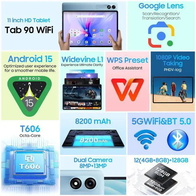 Alt view image 3 of 5 - Blackview 2025 Android 15 Tablet 11 inch, Tab 90WiFi with 12GB+128GB Storage(Expand to 2TB), Unisoc T606 CPU, 8200mAh, IPS Display, Widevine L1, 5G WiFi Tablets, 13MP+8MP Camaras/Face ID, Blue