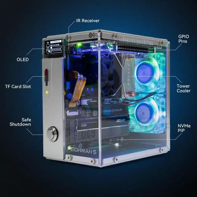 Alt view image 2 of 5 - Pironman 5 NVMe M.2 SSD PCIe Mini PC Case with 27W PD Power Supply for Raspberry Pi 5