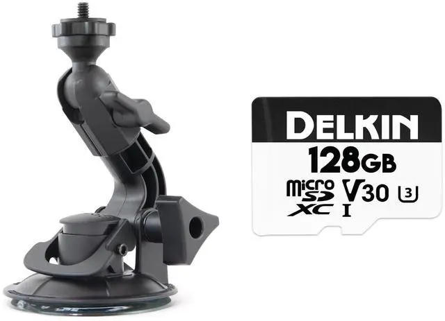 Main image of Delkin Devices Fat Gecko Mini Suction Camera Mount + Hyperspeed 128GB Micro SD Card with Adapter, Up to 100MB/s Read