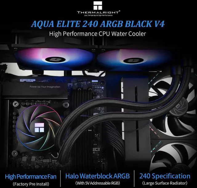 Alt view image 2 of 5 - Thermalright Aqua Elite 240 ARGB V4 Liquid CPU Cooler, 240 Cooling Row Size, 2 x 120mm PWM Fans, Computer CPU Cooler,for AMD: AM4/AM5, Intel LGA1851/1700/1150/1151/1155/1156/1200/2011(Black)