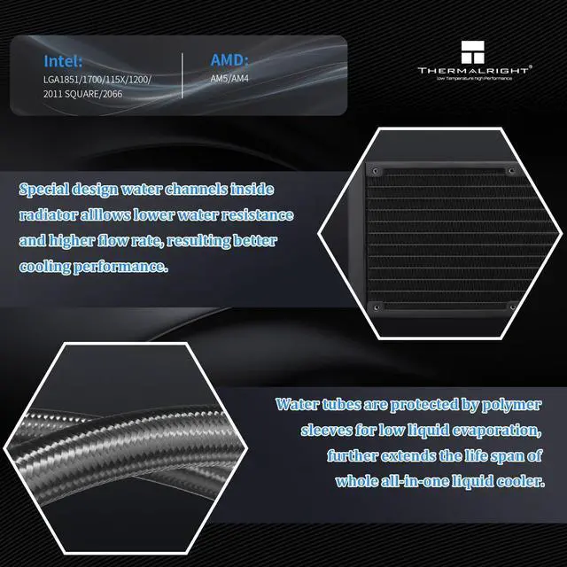Alt view image 3 of 5 - Thermalright Aqua Elite 240 ARGB V4 Liquid CPU Cooler, 240 Cooling Row Size, 2 x 120mm PWM Fans, Computer CPU Cooler,for AMD: AM4/AM5, Intel LGA1851/1700/1150/1151/1155/1156/1200/2011(Black)