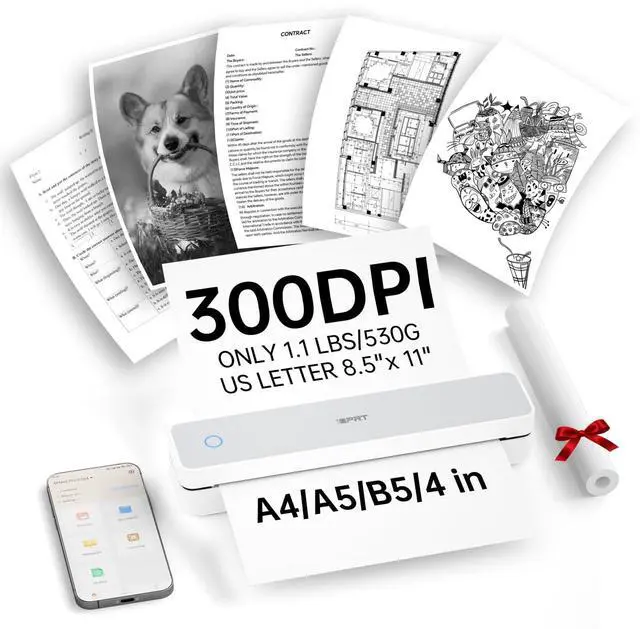 Main image of iDPRT Portable Thermal Printers Small Compact Inkless Wireless Printer for Home, Office & Vehicles, 300DPI, Support 8.5" x 11" Length US Letter A4&A5 Size, for Smartphone, PC, Black White Printing