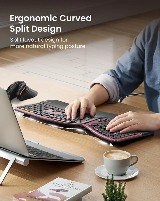 Alt view image 2 of 5 - Backlit Wireless Full Size Ergonomic Keyboard Wine Red and Bluetooth Ergonomic Vertical Mouse Black