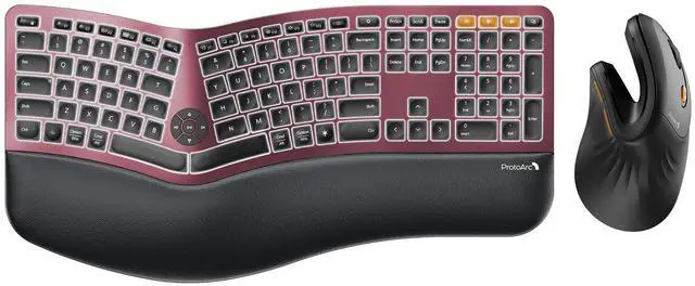 Main image of Backlit Wireless Full Size Ergonomic Keyboard Wine Red and Bluetooth Ergonomic Vertical Mouse Black