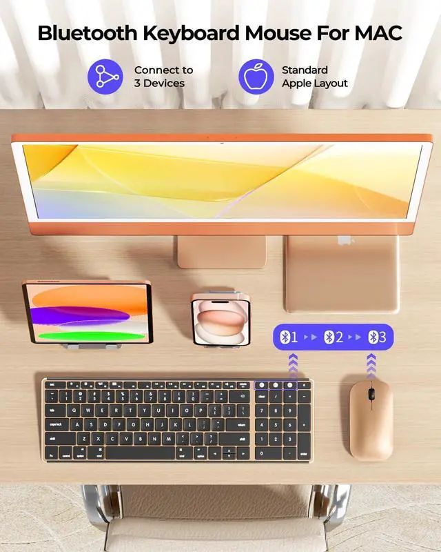 Alt view image 2 of 5 - Wireless Bluetooth Keyboard and Mouse for Mac, Multi-Device Rechargeable Slim Keyboard and Mouse Stainless Steel Full Size, Compatible with MacBook Pro/Air, iPad, iMac - Black Gold