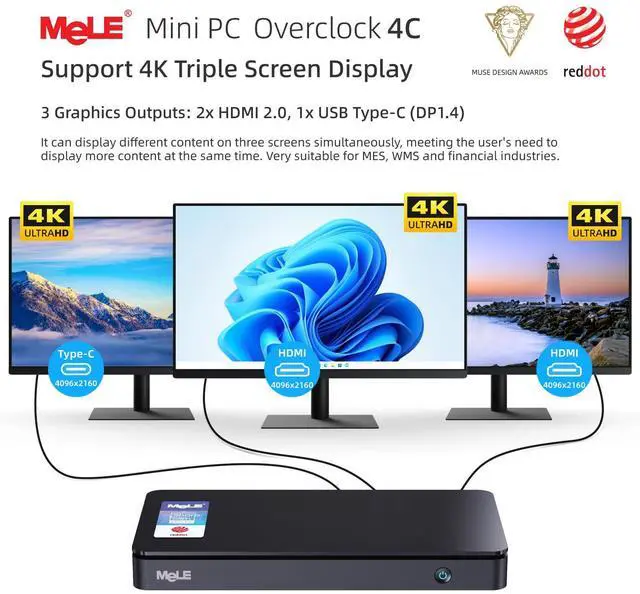Alt view image 4 of 5 - MeLE Reddot Winner Overclock 4C N100 (up to 3.4GHz) Slim Mini PC 32GB DDR4 512GB SSD Dual HDMI + USB Type C 4K Triple Display 2.4GHz/5GHz WiFi BT5.2 GbE Micro PC, Support Linux Small Desktop Computer