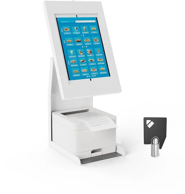 Main image of Mount-It! Anti-Theft Tablet Kiosk with Printer Stand, Locking Countertop Tablet Enclosure with Freestanding Base, Universal Enclosure Compatible with iPads Gen 9 and 10, iPad Pro, iPad Air, White