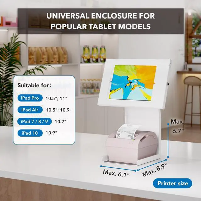 Alt view image 3 of 5 - Mount-It! Anti-Theft Tablet Kiosk with Printer Stand, Locking Countertop Tablet Enclosure with Freestanding Base, Universal Enclosure Compatible with iPads Gen 9 and 10, iPad Pro, iPad Air, White