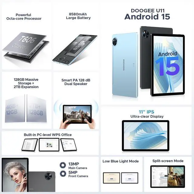 Alt view image 2 of 5 - DOOGEE U11(2025) Android 15 Tablet, 11 inch Tablet 16GB+128GB/2TB TF Octa-Core 90Hz Display, 8580mAh,1080P,Bluetooth 5.0+5G WiFi Tablets, 13MP+5MP, Face ID,Metal Body-Black