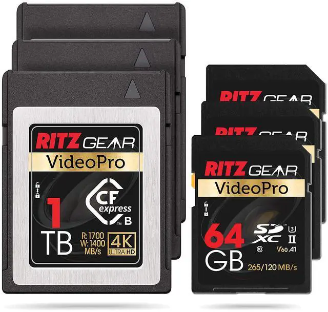 Main image of Ritz Gear VideoPro CFExpress Type B 1TB Card (1700/1400 R/W) (Attn: Not Recommended for Nikon Cameras). + UHS-II 64GB SDXC Memory Card U3 V60 A1(Pack of 3 Units)